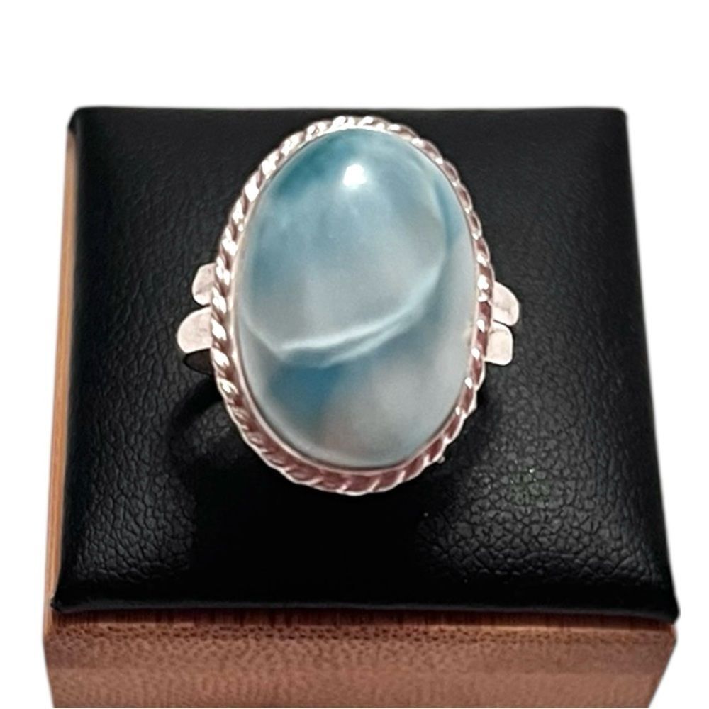 Elegant Sterling Silver Oval Larimar Adjustable Ring